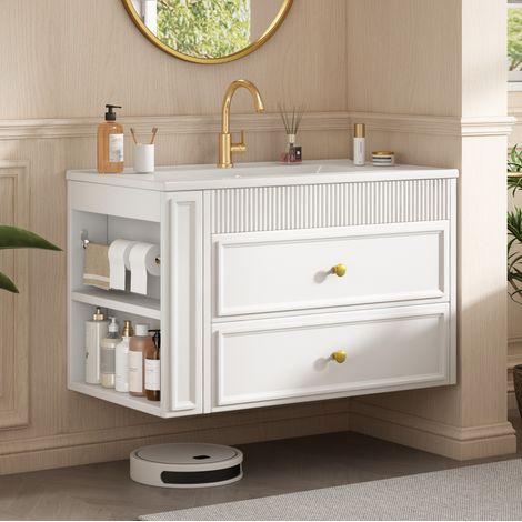 Meuble sous vasque suspendu 81 cm avec lavabo en céramique, 2 tiroirs, rangement latéral et porte-papier amovible, blanc brillant, montage réglable, sans robinet – CHICFURN (1/5)