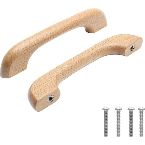 Lot de 10 poignées en bois naturel pour armoires, tiroirs et placards de cuisine - poignées de meuble en bois massif, entraxe 9,6 cm (1/5)