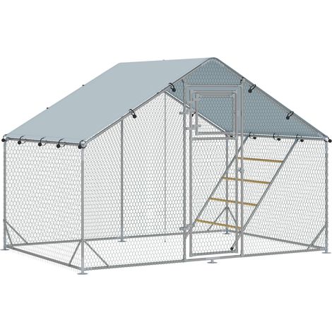 Poulailler/enclos en acier, 300 x 200 x 195 cm, cage à poules avec revêtement anti-UV, porte d'alimentation, mangeoire suspendue, perchoir