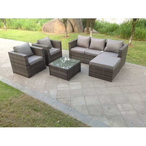 Fimous Gartenlounge Sofa Set 6-sitzer Rattan Gartenmöbel Gartensofa Couchtisch Hocker mit Kissen für Garten, Balkon,Terrasse Dunkelgrau Mischen