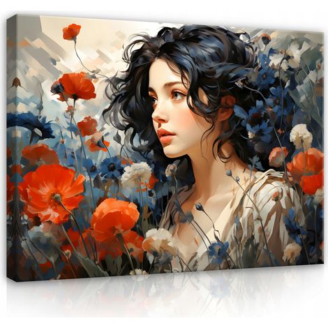 Peinture femme fleurs coquelicots sur toile Murale pour salon chambre grand 60x40 (1/3)