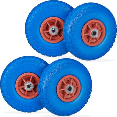 Set of 4 Relaxdays Wheelbarrow Tyres, Puncture-Proof Solid Rubber, 4.1/3.5-4, 16 mm Axle, Spare Wheel, Blue/Red