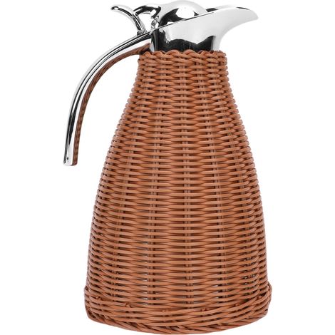 Carafe isotherme à café en acier inoxydable tissée à la main, corps en rotin tressé, 1,5 L, pichet à triple paroi, conserve la chaleur pendant 12 heures et le froid pendant 24 heures, couleur café (1/5)