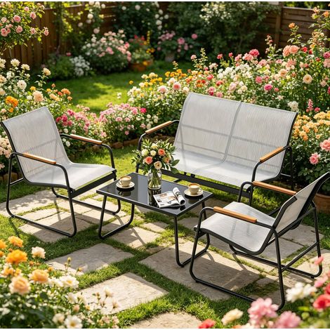 Conjunto de muebles de jardín de metal y vidrio templado, 4 plazas, gris, moderno (1/5)