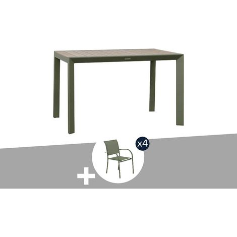 Table de jardin rectangulaire alu Evasion 4 places effet bois Lin et laurier + 4 fauteuils Piazza - Hespéride