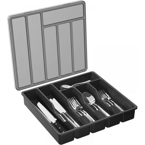 Organisateur de couverts avec couvercle, en plastique, adapté aux tiroirs de cuisine et aux plans de travail, peut contenir des cuillères, des fourchettes et des couteaux, 6 compartiments, noir.