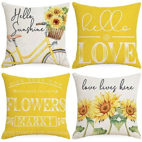 Dekorative gelbe Kissenbezüge mit Sonnenblumen- und Fahrradmuster, 4er-Set, für Sofa, Frühling/Sommer. (1/5)