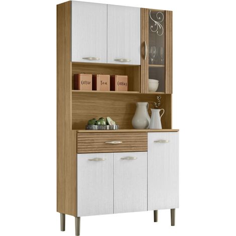 Buffet 6 Portes 1 Tiroir 7 Niches Chêne et Blanc Ecru L 90 H 173.5 P 36.3 cm