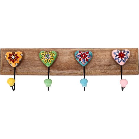 Appendiabiti a forma di cuore con 4 pomelli colorati in legno e ceramica (1/5)