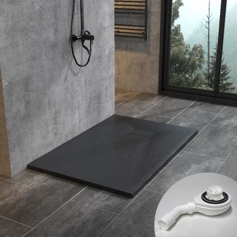 120x90 cm SMC Duschwanne mit Ablaufgarnitur Schwarz Brausewanne Superflach Steinoptik Anti-Rutsch (1/5)