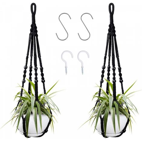 Suspension pour plantes d'intérieur en corde de coton noire, 85 cm, avec perles en bois, pour décoration intérieure, sans crochets, 2 paires (1/5)