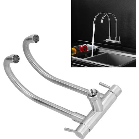 Évier de cuisine mural en acier inoxydable 304 avec robinet d'eau froide unique, robinet universel rotatif à double tuyau (évier de cuisine à double sortie) (1/5)