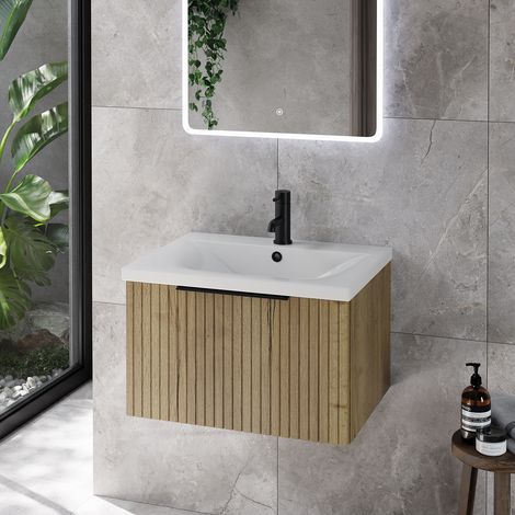 Helix 460 Fluted Autumn Oak 600mm Wall Mounted 1 Drawer Vanity Unit with Glide Basin