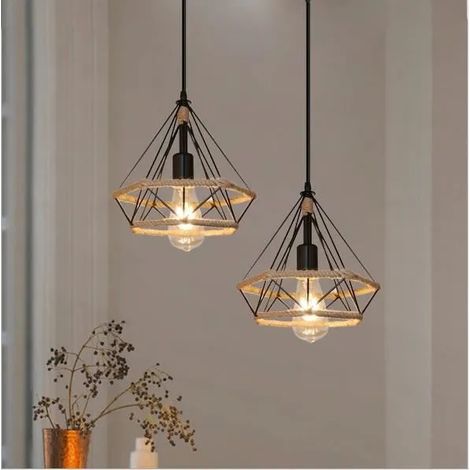 2x Lampe Luminaire en Diamant Corde de Chanvre Lustre Suspension Industrielle Vintage pour Salon Chambre Cafe Bar (1/4)