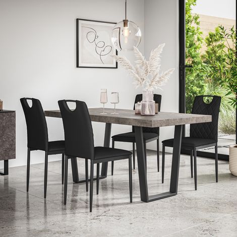 Aria Dining Table And Chairs - Grey Table Top w Black Legs + Monza Faux Leather Dining Chair Set Of 6 (Black) (1/5)