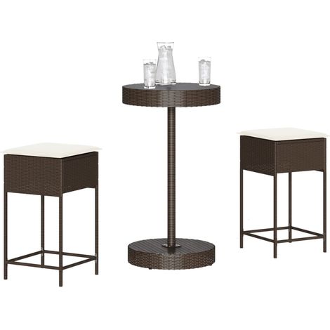 3-tlg. Gartenbar-Set mit Kissen Braun Poly Rattan