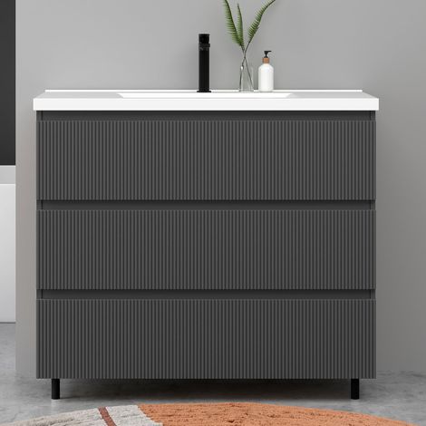 Meuble de salle de bain suspendu Strié 100cm avec simple vasque + 3 tiroirs, Anthracite