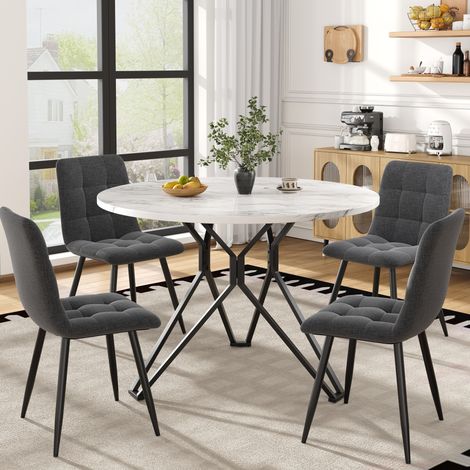 Essgruppe 5-teilig (100x100x76 cm), runder Esstisch mit 4 Stühlen, Marmormuster, Metall, MDF, Leinen, Schwarz Grau (1/5)