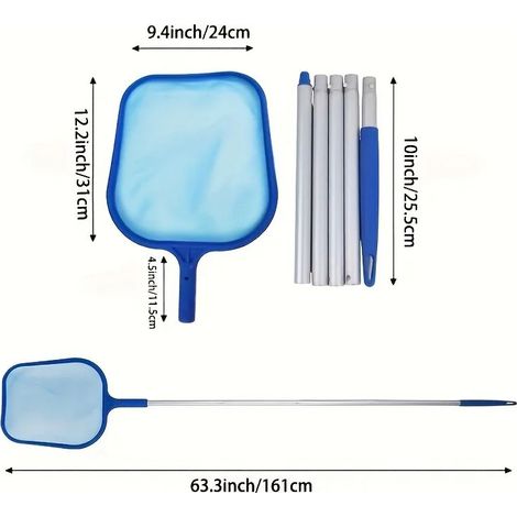 Accessoires de piscine (Blue7) Épuisette télescopique robuste pour piscine, spas et fontaines, avec manche extensible en aluminium et mailles ultra-fines. (1/4)