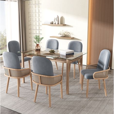 Esszimmerstuhl aus grauem Samt, 6er-Set, Rattan-Design, Metallgestell, max. 150 kg,45×43×90cm (1/5)