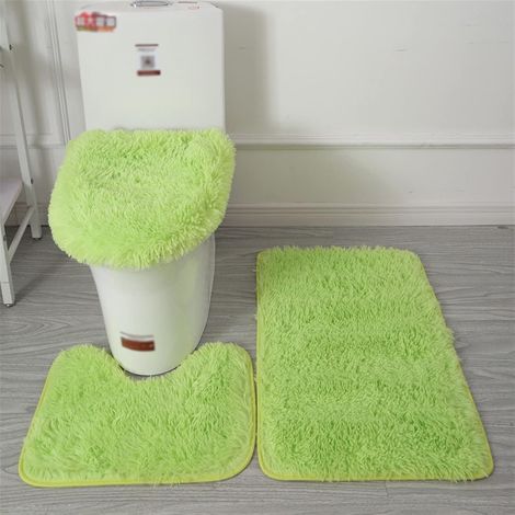 Juego de 3 alfombrillas de baño antideslizantes (fruta verde), funda de asiento de inodoro peluda, alfombra de baño de pelo largo