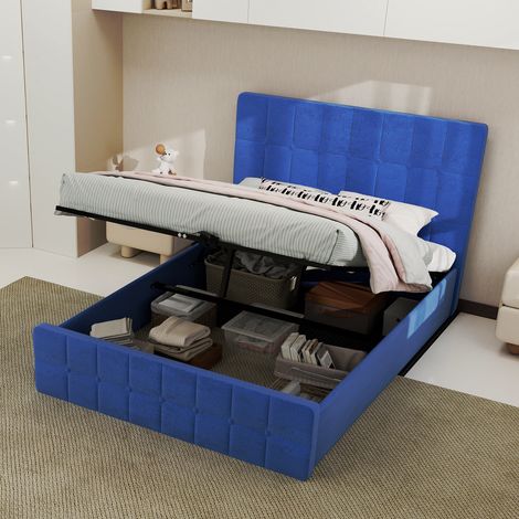 Lit rembourré en velours doux avec tête de lit, tissu velours bleu, design de chambre moderne, espace de rangement, convient pour un matelas de 140 × 200 cm. (1/5)