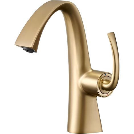 Mitigeur Lavabo en Laiton Massif Robinet de Salle de Bain Design Monocommande Cartouche Céramique (Gold-Brossé)
