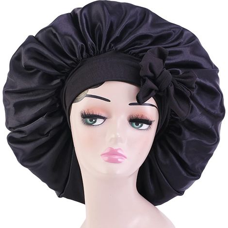 Bonnet en satin et soie avec élastique à nouer et sangles réglables, taille jumbo, idéal pour dormir. Bonnet en satin extensible pour femmes aux cheveux longs et bouclés tressés. (1/5)