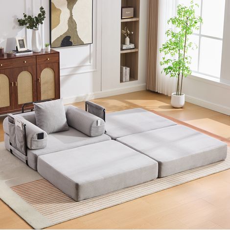 Divano modulare in corduroy grigio chiaro con pouf, struttura in metallo, cuscino e tasca laterale (1/5)