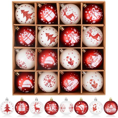 16 rote Weihnachtskugeln aus Kunststoff, Ø 6 cm, mit Haken zur Befestigung am Baum, für drinnen und draußen