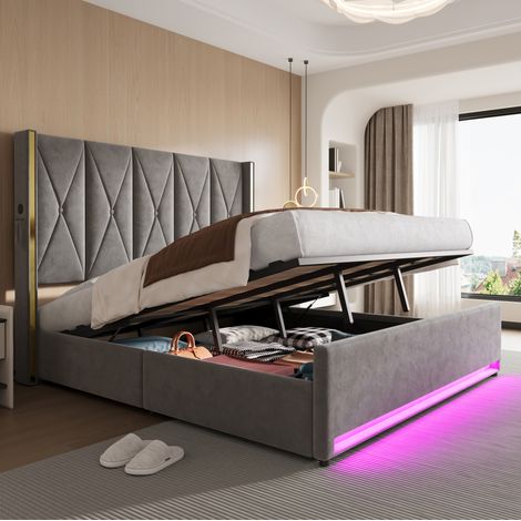 Cama con almacenaje 190x213x141 cm, cabecero alto con USB, LED y bolsillos laterales, terciopelo gris oscuro (1/5)
