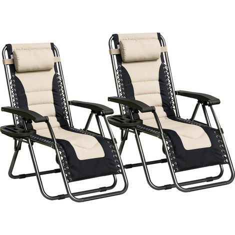 Set of 2 Zero Gravity Heavy Duty Outdoor Garden Reclining Chairs with Padded Seat CREAM