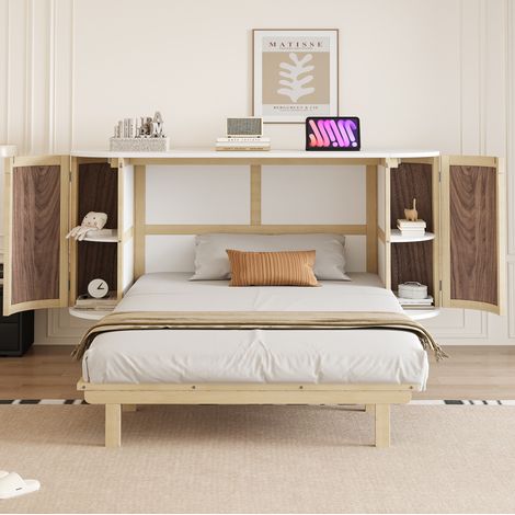 Lit escamotable 140x200 cm style armoire, bois naturel, design rotin, avec rangements latéraux (1/5)
