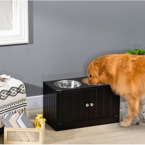 Stazione rialzata per cani con 2 ciotole in acciaio inox, vano 44 L, nero HAVRYA (1/5)