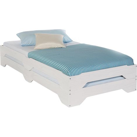 Idimex – Lit superposé blanc 90x200 cm – Lot de 2 lits – Cadre en pin massif lasuré – Hauteur 36 cm pour gain de place