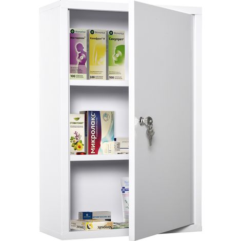 Armoire à pharmacie , armoire à pharmacie métallique verrouillable à 3 compartiments, armoire de premiers secours, 40 x 18 x 60 cm, blanche