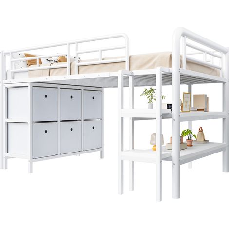 Lit mezzanine enfant 90x200 avec escalier large, rangements sous le lit, bords arrondis et structure métal blanc, gain de place pour chambre d'enfant - CHICFURN (1/5)