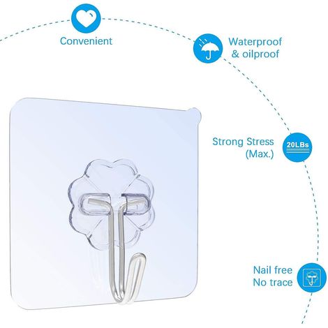 Lot de 12 crochets adhésifs transparents et imperméables Rare Perle - Supporte jusqu'à 8 kg - Crochets de suspension pour salle de bain (mur et plafond) (1/4)