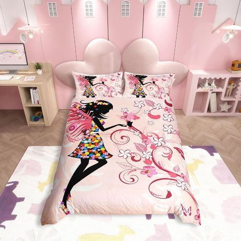 Parure de lit 3 pièces avec housse de couette motif floral rose et branches botaniques pour filles - Lit double (1/5)