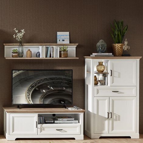 TV-Möbel Set JÜLICH-36 in Pinie weiß und Artisan Eiche Nb., mit Wandboard & Highboard - B/H/T: 251/180/51cm (1/5)