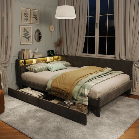 Lit 140x200 cm - Cadre métallique avec accoudoirs, tête de lit avec ports USB Type-C et LED, 2 tiroirs en métal, lit double - gris (1/5)