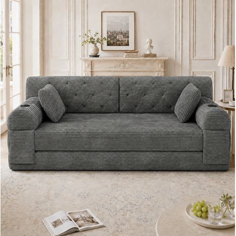 2-Sitzer-Schlafsofa 168x80x81 cm dunkelgrau mit 2 Becherhaltern, Cordstoff und Metall MEUBLIV (1/5)