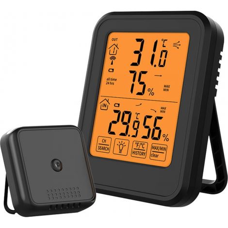 Black Digital Hygrometer Thermometer, Indoor Outdoor Hygrometer Thermometer with Wireless Outdoor Sensor, ℃/℉ LCD Backlight, Suitable for Office, Home, Bedroom (1/5)