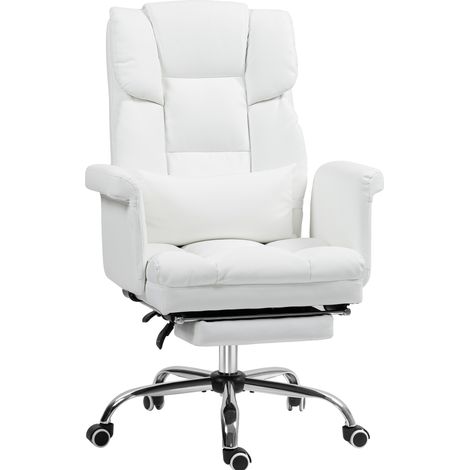 Sedia da ufficio ergonomica bianca con schienale reclinabile, poggiapiedi e cuscino lombare (1/5)