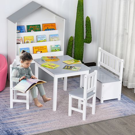 Ensemble de table et chaises enfant - set de 4 pièces - table, banc coffre 2 en 1 - MDF pin blanc gris, 2 chaises
