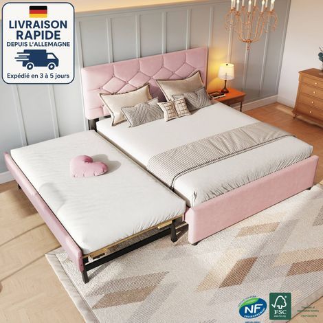 Cama nido 140x200+90x200 - cama tapizada en tela - Cama adulto 140x200 - con 2 somieres y cama con cajón - Somier de láminas - Contemporánea - Rosa
