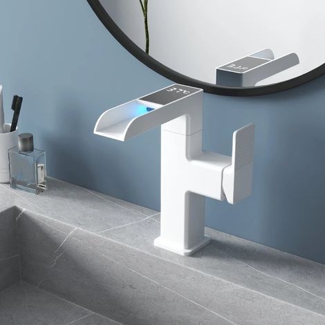 LEDANDER Robinet de salle de bain LED, robinet cascade avec affichage de la température, mitigeur monocommande, robinet d'eau chaude et froide - Blanc