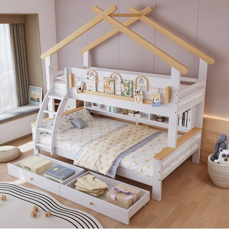 Letto a castello per bambini 215.5x126x218 cm, con due cassetti, scala inclinata, legno di pino e MDF bianco naturale (1/5)