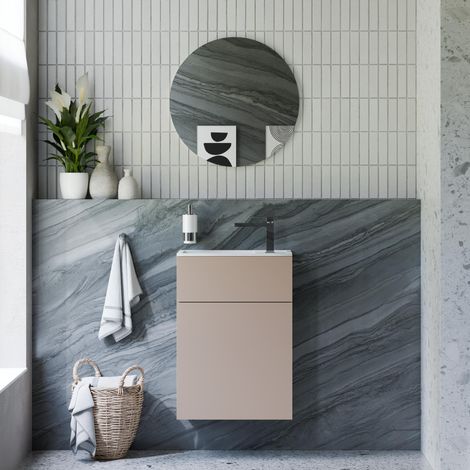 BERNSTEIN - Ensemble meuble vasque Gris mat 50x26x72cm, Lavabo fonte minérale Blanc mat + Miroir LED dimmable Ø60cm - KONDA (1/5)