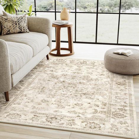 Beige Vintage Tapis Salon 120x170cm Rug Lavable en Machine Grand Antidérapant Rugs,Chambre Adulte,Descente de Lit Carpets,Salle a Manger,Bureau,Cuisine,Interieur Poil Ras Carpet (1/5)